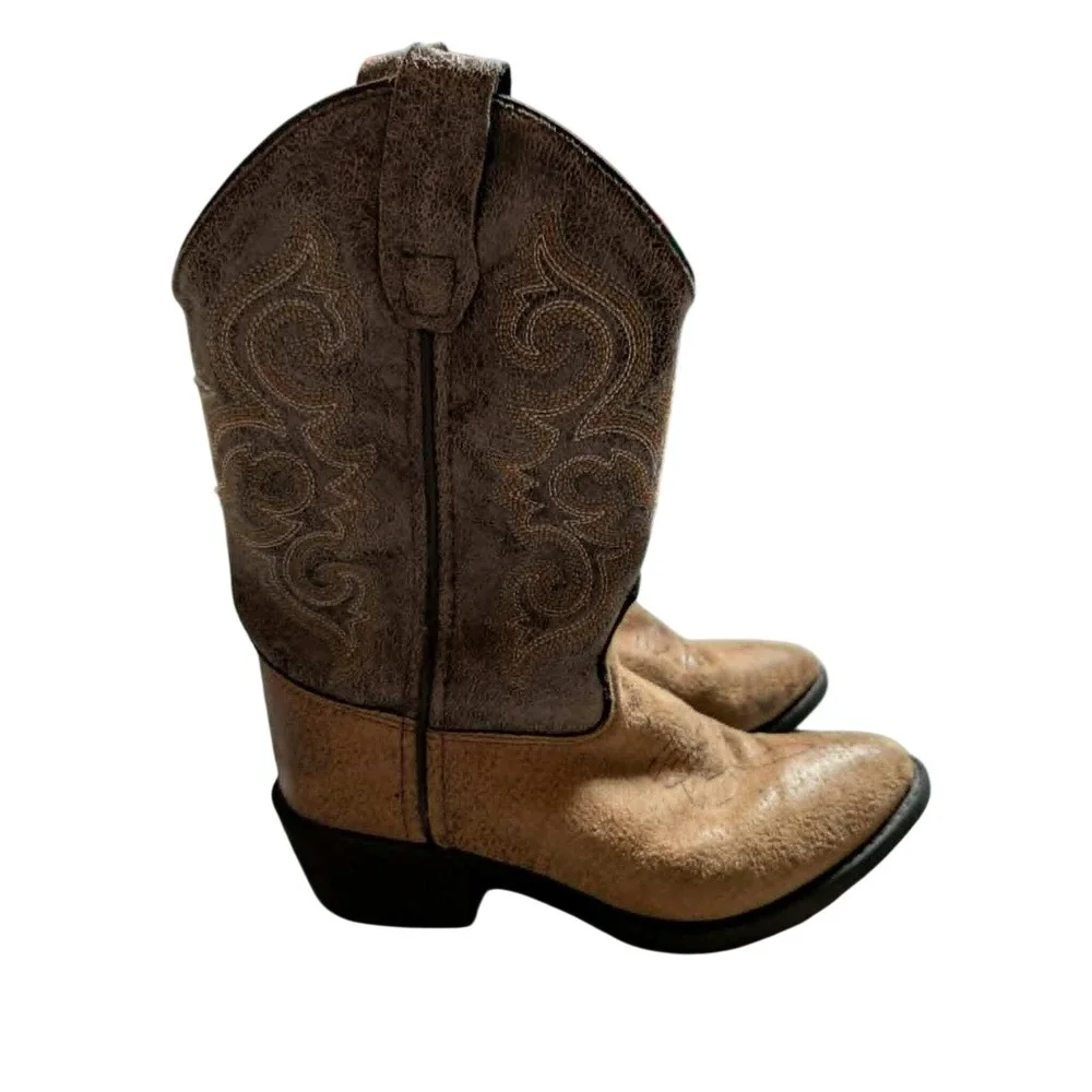 Kids Distressed Brown Leather Western Cowboy Boots Embroidered Round Toe Pull On